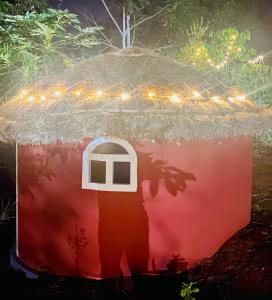 una casa con un tetto di paglia con un'ombra di Misty Mud House a Idukki Altre 10 foto