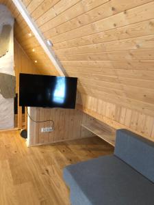 a living room with a flat screen tv on a wooden ceiling at Domek Góralski Baciarka in Witów
