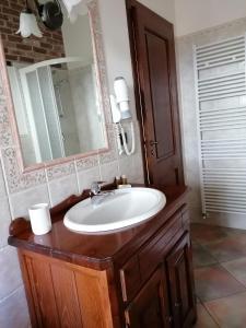 Cascina Zanot في Marsaglia: حمام مع حوض ومرآة