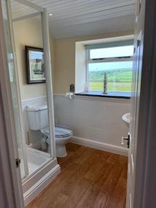 a bathroom with a toilet and a window at Courtyard Farm Cottages in Boscastle +82 photos