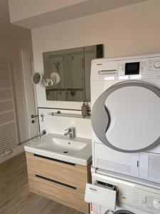 a bathroom with a sink and a mirror at Rose Garden in Hessisch Oldendorf +34 photos
