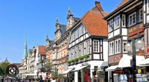 um grupo de edifícios numa rua da cidade em Rose Garden em Hessisch Oldendorf