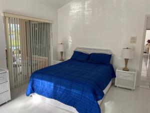 a blue bed in a white bedroom with two lamps at Stever Llc in Clermont +22 photos