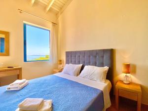 a bedroom with a blue bed and a window at Villa Barbati Pelagos with private pool by DadoVillas in Barbati +16 photos