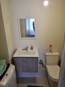 ein Badezimmer mit einem Waschbecken, einem WC und einem Spiegel in der Unterkunft Departamento Osorno 215 in Osorno