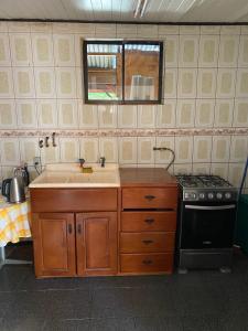 a kitchen with a sink and a stove at Cabañas Patagonia LicanRay in Licán Ray
