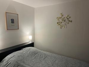 een slaapkamer met een bed en een lamp aan de muur bij Logement cosy avec terrasse privée hypercentre in La Rochelle