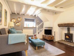 a living room with a couch and a fireplace at 3 Ivy Court in Dolgellau