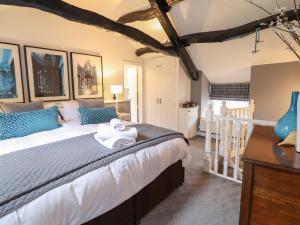 a bedroom with a large bed with blue pillows at 3 Ivy Court in Dolgellau