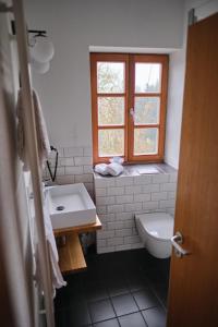 a bathroom with a sink and a toilet and a window at Wirtshaus Im Schloss Fürsteneck in Fürsteneck