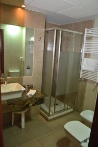 Un baño con ducha, lavabo e inodoro. en Hotel Apartamentos Don Juan I, en Alcalá de Henares