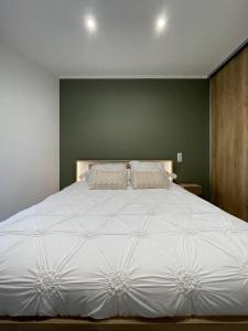 - un grand lit blanc dans une chambre aux murs verts dans l'établissement Villa L'Alba BASTIA, à Bastia