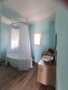 La salle de bains est pourvue d'une grande baignoire et d'un lavabo. dans l'établissement Appartements Vallée Verte, à Razac-sur-lʼIsle