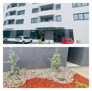two pictures of a building and a red car parked in front at Arena ZG Apartment in Zagreb