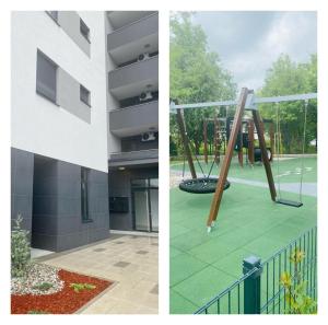 two pictures of a playground in a building at Arena ZG Apartment in Zagreb