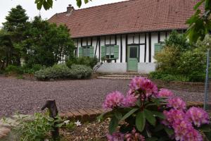 dom z zielonymi drzwiami i różowymi kwiatami w obiekcie Le Clos des 7 Vallées w mieście Sains-lès-Fressin