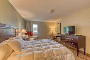 a bedroom with a large bed and a flat screen tv at American Inn & suites in Dundee