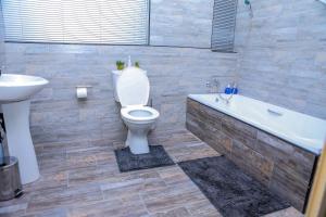 a bathroom with a toilet and a tub and a sink at Delux Guesthouse in Volksrust +20 photos