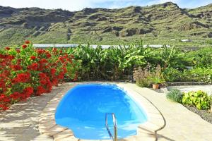 a blue swimming pool with a mountain in the background at Casa Amagar in Tijarafe