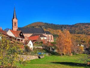 uma pequena cidade com uma igreja e um campo de relva em Gîte à la Source em Breitenbach