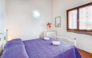 a bedroom with a purple bed and a window at Trilo Sup in Trinità d'Agultu e Vignola