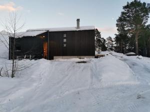 een gebouw met veel sneeuw ervoor bij Huset ved skogen in Isfjorden