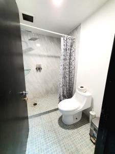 y baño con aseo y ducha. en Spacious and cozy house in Polanco for 26 guests, en Ciudad de México