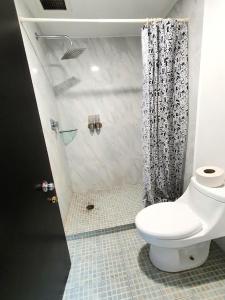 y baño con aseo y ducha. en Spacious and cozy house in Polanco for 26 guests, en Ciudad de México