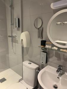 een badkamer met een toilet, een wastafel en een spiegel bij Auberge Du Cheval Blanc in Crèvecoeur-en-Auge