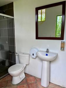 a bathroom with a toilet and a sink and a mirror at Casa Campestre Denis in Guamal