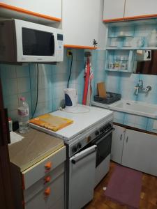 cocina pequeña con fogones y microondas en Апартамент батенберг, en Varna