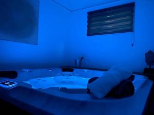 a blue room with a hot tub in a room at Détente & Spa in Villers-Allerand