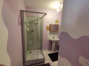 ein Bad mit einer Dusche und einem Waschbecken in der Unterkunft Maison individuelle 60 m² in Le Cateau