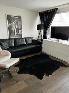 ein Wohnzimmer mit einem schwarzen Sofa und einem TV in der Unterkunft Studio in Zürich