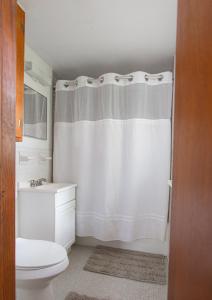 La salle de bains est pourvue d'un rideau de douche blanc et de toilettes. dans l'établissement Cozy 1 Bedroom Unit - 4 Blocks from Jax Beach Pier!, à Jacksonville Beach