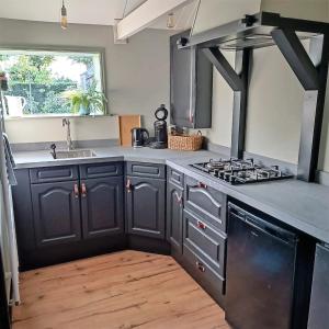 uma cozinha com armários pretos e um forno com placa de fogão em Vakantiewoning De Koolboet em Koedijk