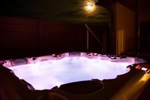 a hot tub in a dark room with lights at Szélrózsa Vendégház Demjén in Demjén
