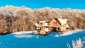 eine Hütte im Schnee mit schneebedeckten Bäumen in der Unterkunft Landvilla Sinelia premium in Dietersdorf am Gnasbach