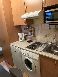 a kitchen with a washing machine and a sink at Tiny Private Apartment in Central Buda. in Budapest