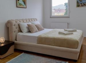 特雷比涅的住宿－Apartman City Center AN Trebinje，一间卧室配有一张大床和两个枕头