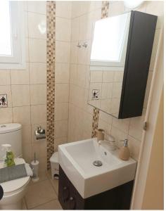 een badkamer met een witte wastafel en een toilet bij Happy holiday apartment in Artemida