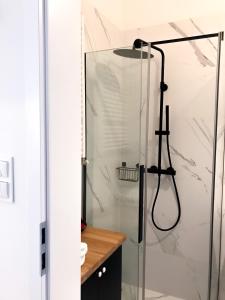 a shower in a bathroom with a glass door at Absynt Hostel Wrocław in Wrocław