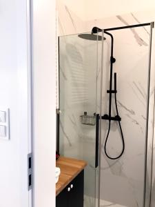 a shower in a bathroom with a glass door at Absynt Hostel Wrocław in Wrocław +37 photos