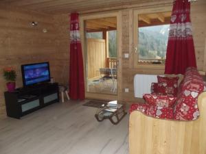 sala de estar con sofá y TV en location appartement pied des pistes, en La Bresse