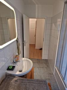 een badkamer met een wastafel en een spiegel bij Ferienwohnung für Naturliebhaber in Peenemünde