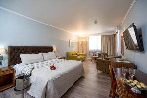 een hotelkamer met een bed en een woonkamer bij Hotel Diego de Almagro Concepción in Concepción