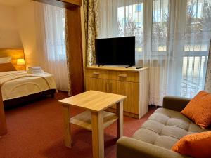 a hotel room with a television and a bed at Azalia Karpacz in Karpacz