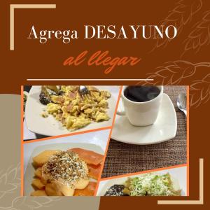 un collage de fotos de comida y una taza de café en Hotel Márquez, en Chignahuapan