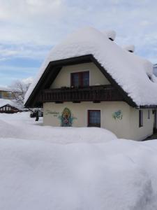 un techo cubierto de nieve de una casa en Ferienhaus Mörtl, en Tröpolach