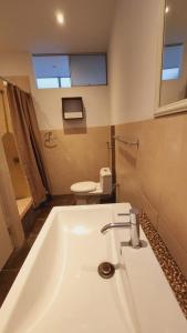 uma casa de banho com um lavatório branco e um WC. em Departamento exclusivo en Ica em Ica